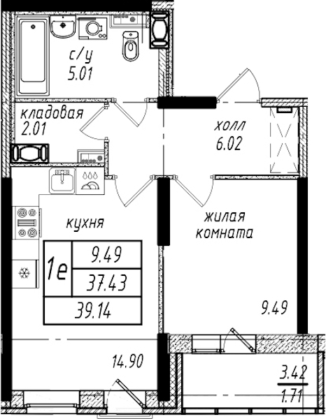 1-комнатная квартира 39.14 м², 6/25 эт., ЖК «Северная Долина»